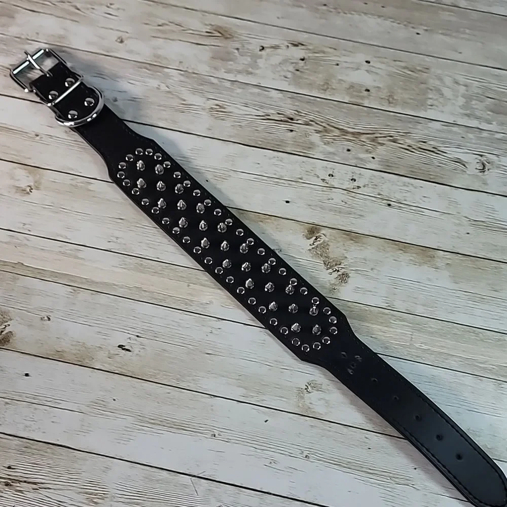 Studded Spiked Dog PU Smooth Black Leather Collar‎ Punk Tough Dog Medium